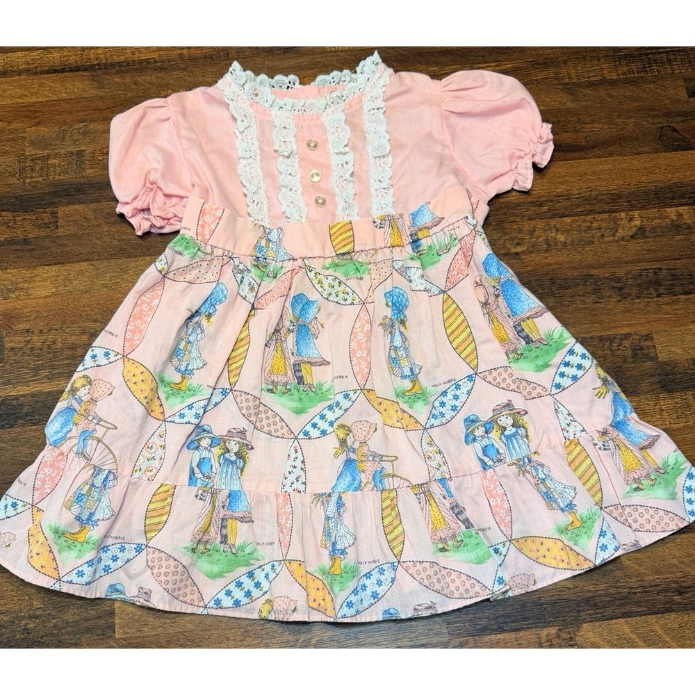 Vintage Holly Hobbie toddler dress.  Size 2T/3T.  Pink with white lace trim